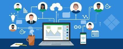 A graphic of a laptop, smartphone, cup of coffee, pad of paper, and a pencil all on a desk with a visual depiction of different people contacting someone via online apps and services shown above the laptop